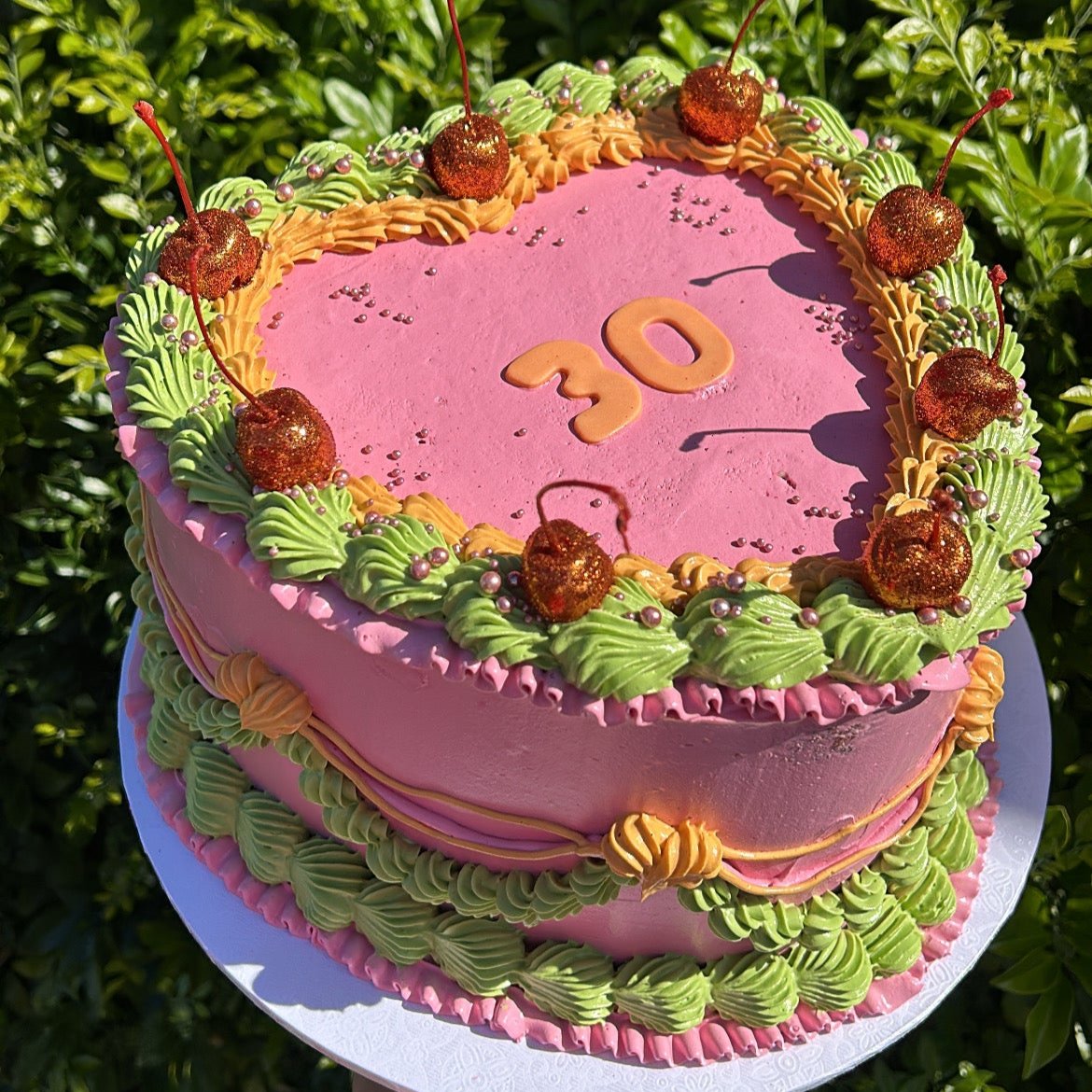 Retro Heart Cake top side view pink green orange 30