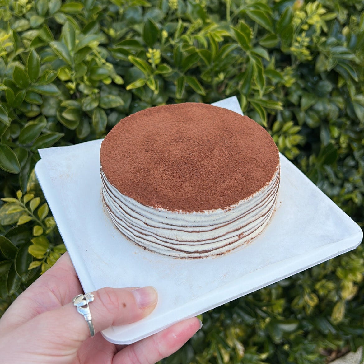 Side of a layered chocolate crepe cake with a cocoa dusting topping, held on a white cake board against a green leafy background.