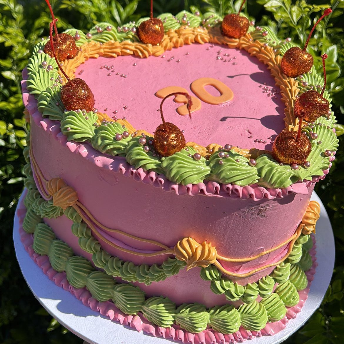 Retro Heart Cake left side view pink green orange 30