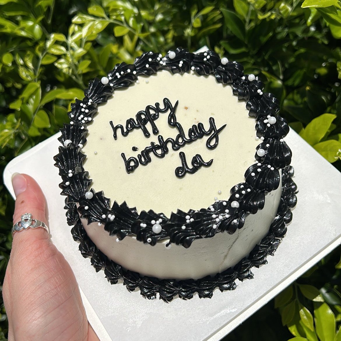 Vintage Vibes Bento Cake top side view white black