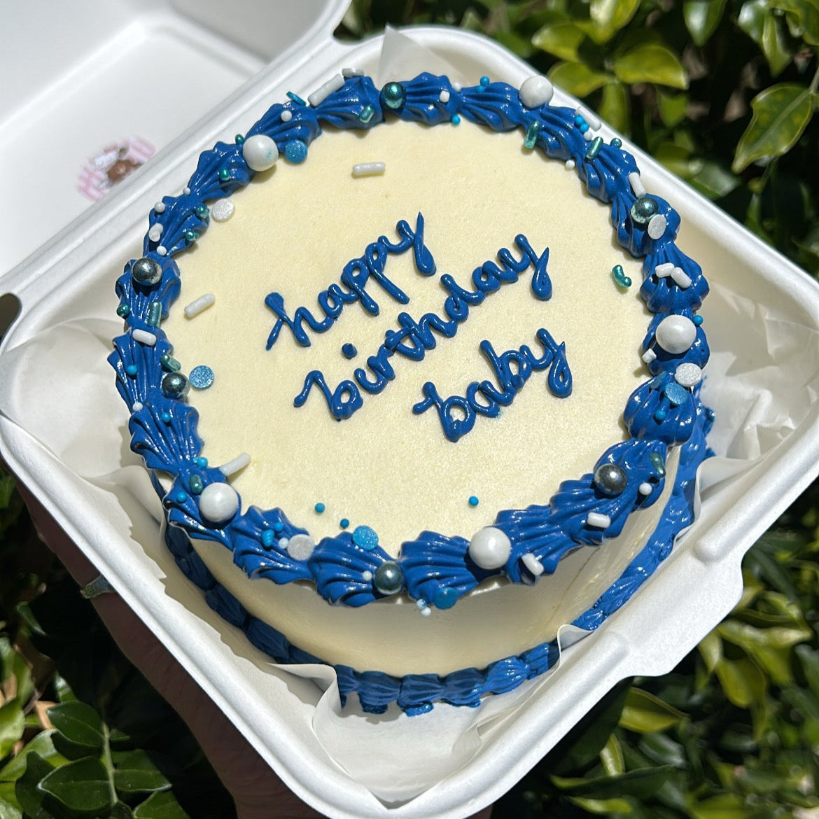 Vintage Vibes Bento Cake top side view white blue