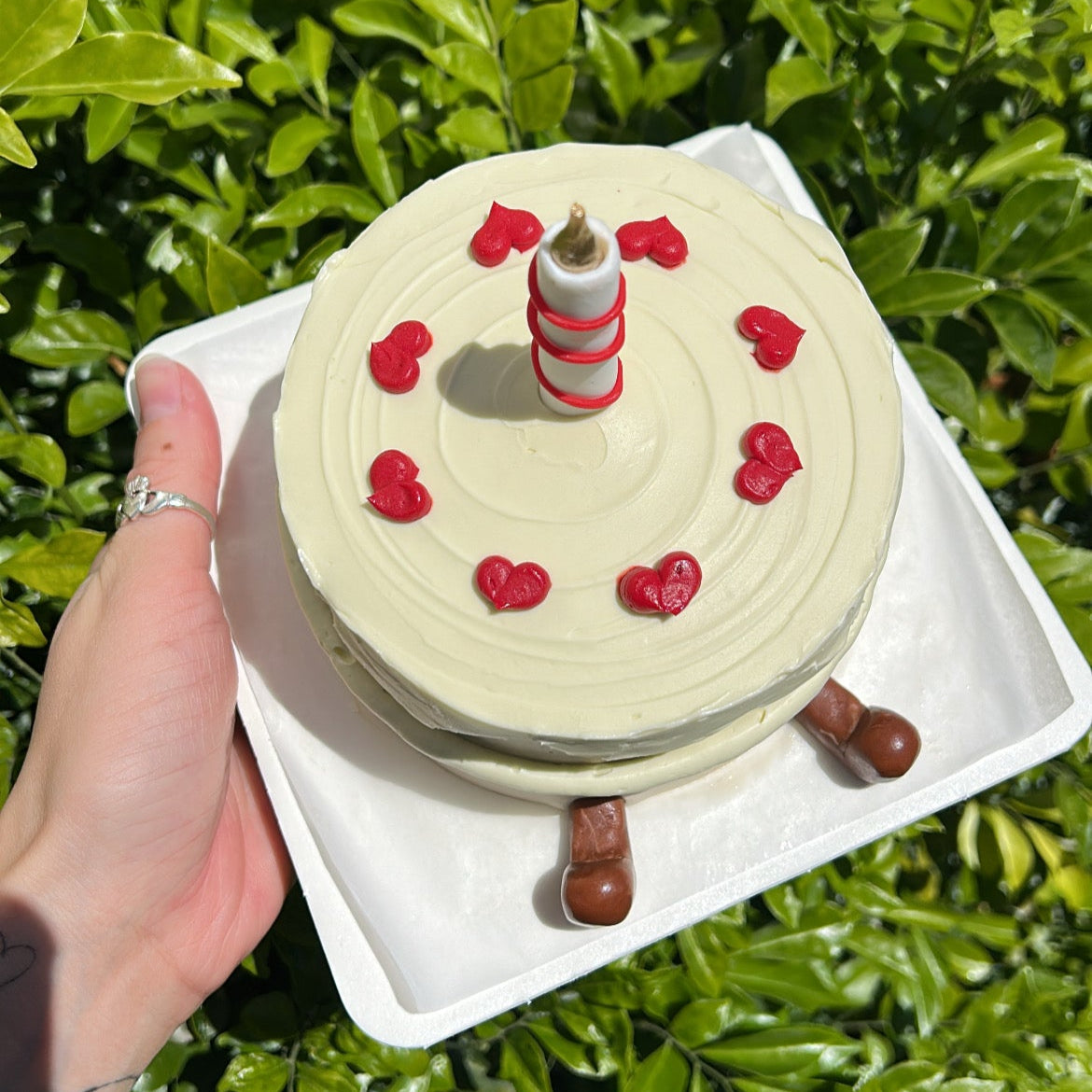 Top of a small Jellycat inspired bento cake with a candle on top, and fondant Jellycat boots on a white cake board being held in a hand, in front of a leafy green background.
