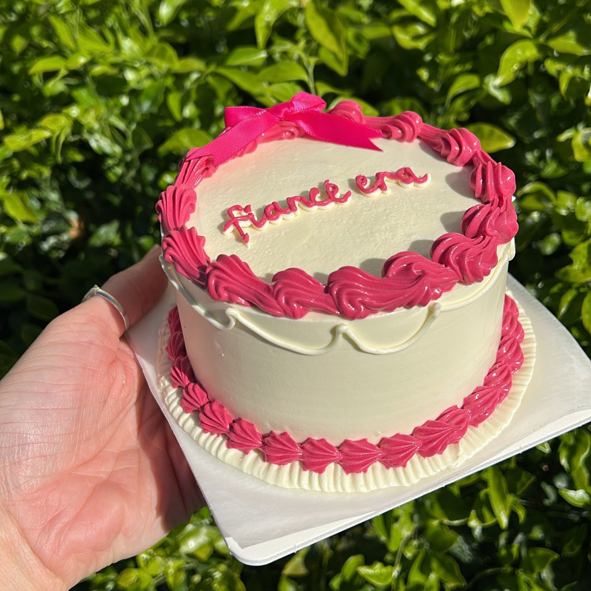 Small white bento cake with raspberry pink frosting border, and a hot pink bow on top, held by a hand against a green leafy background.
