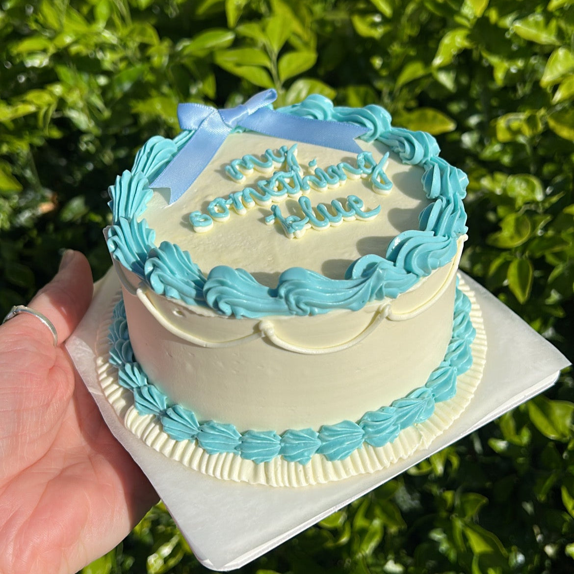 Small white bento cake with baby blue frosting border, and a baby blue pink bow on top, held by a hand against a green leafy background.