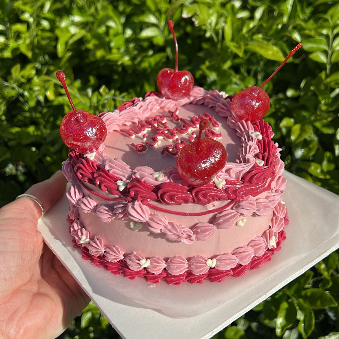 Baby pink heart shaped bento cake with baby pink and raspberry pink frosting border, topped with 4 glitter covered maraschino cherries, held by a hand against a green leafy background.