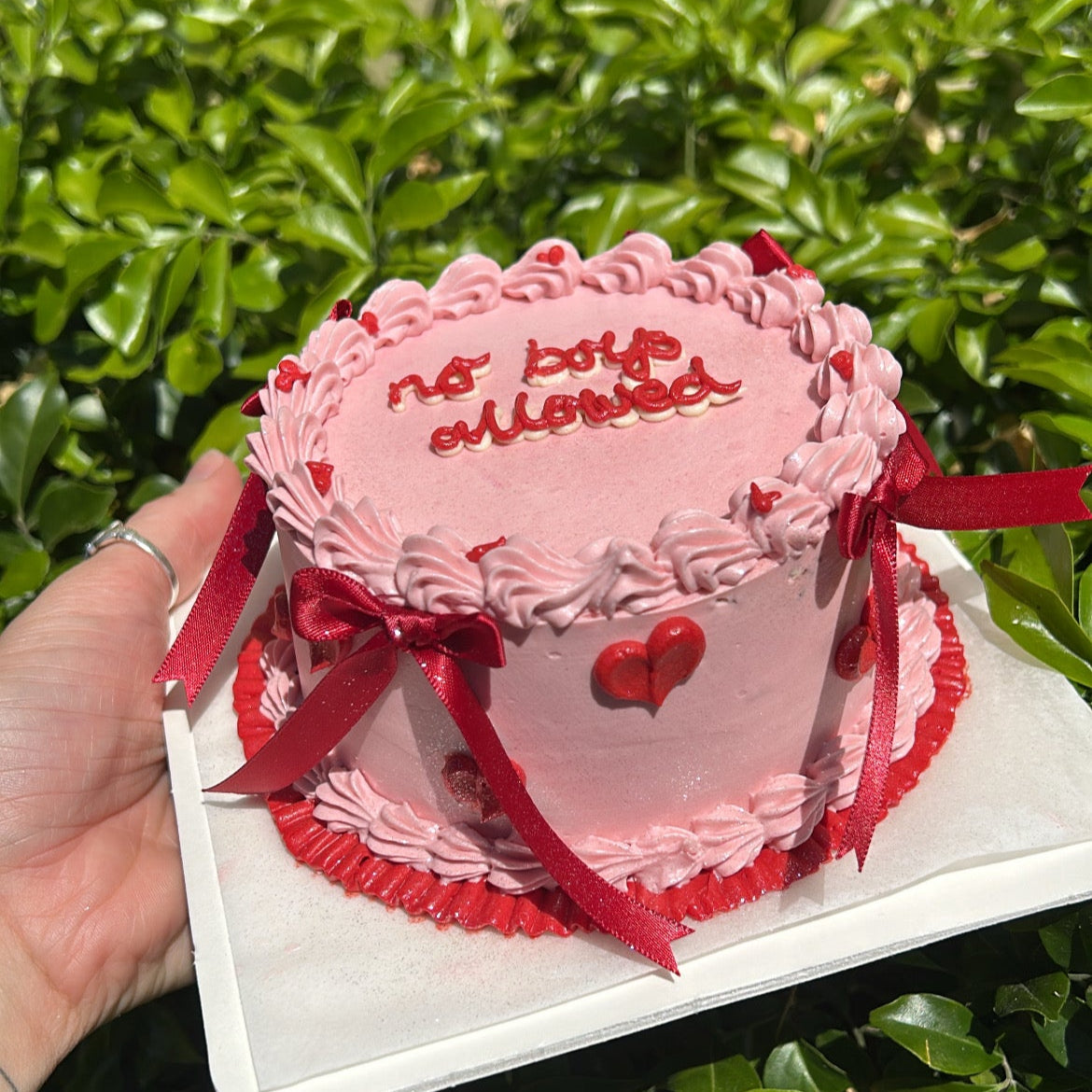 Pink, red and white small cake with red bows and red piped hearts against a green leafy background.