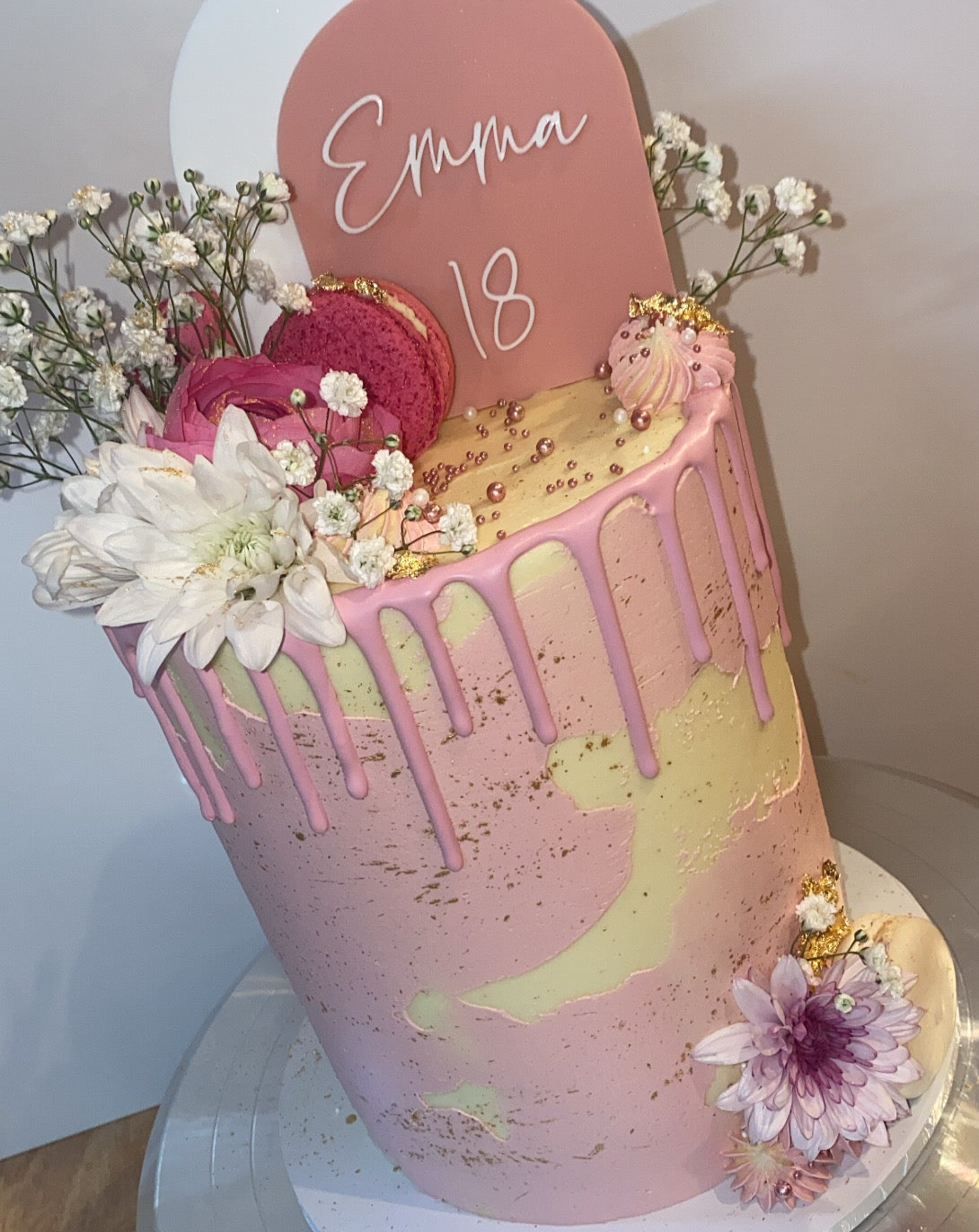 Large Custom Round Cake side view pink flowers
