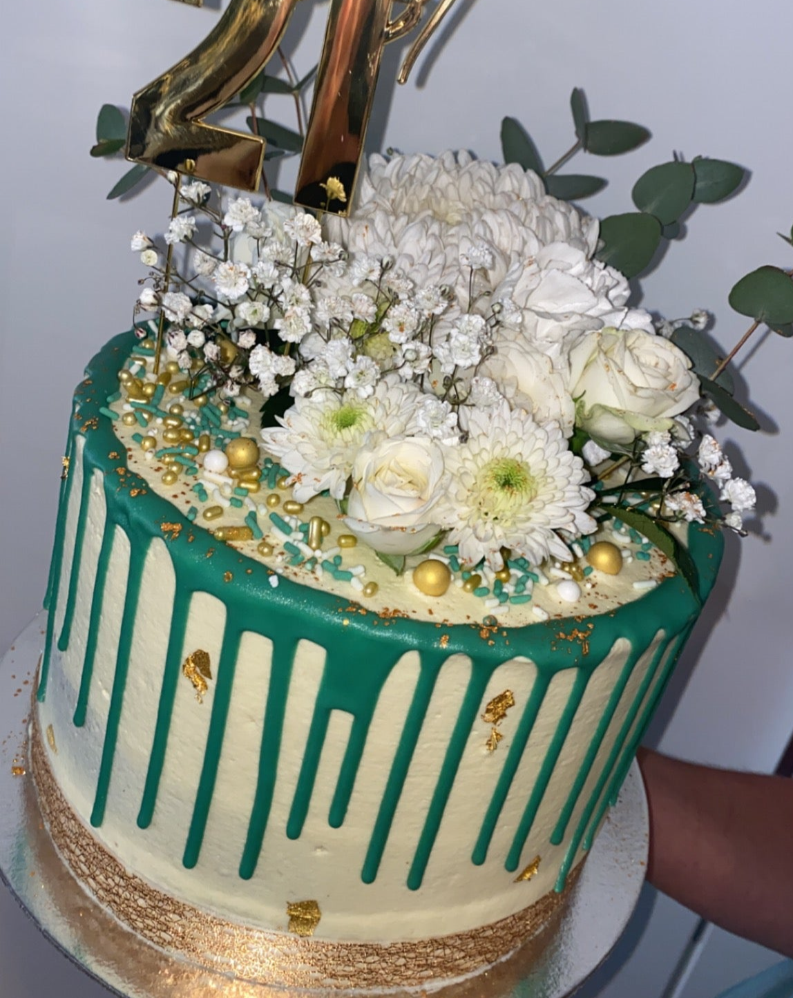 Large Custom Round Cake top side view green flowers