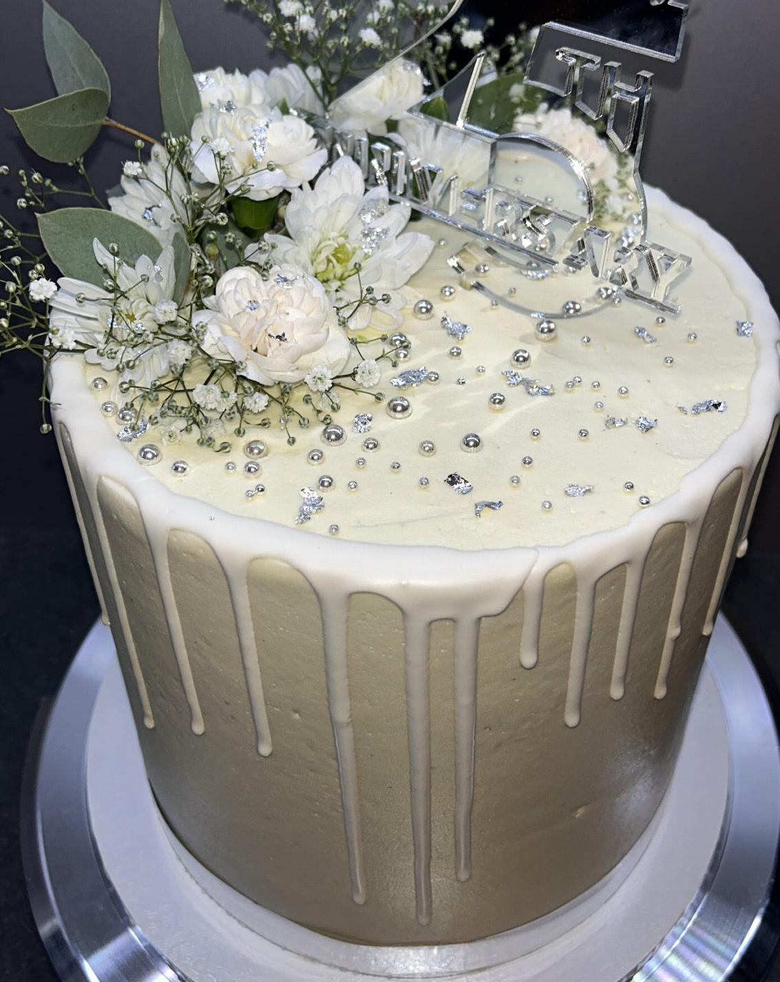 Large Custom Round Cake top side view white