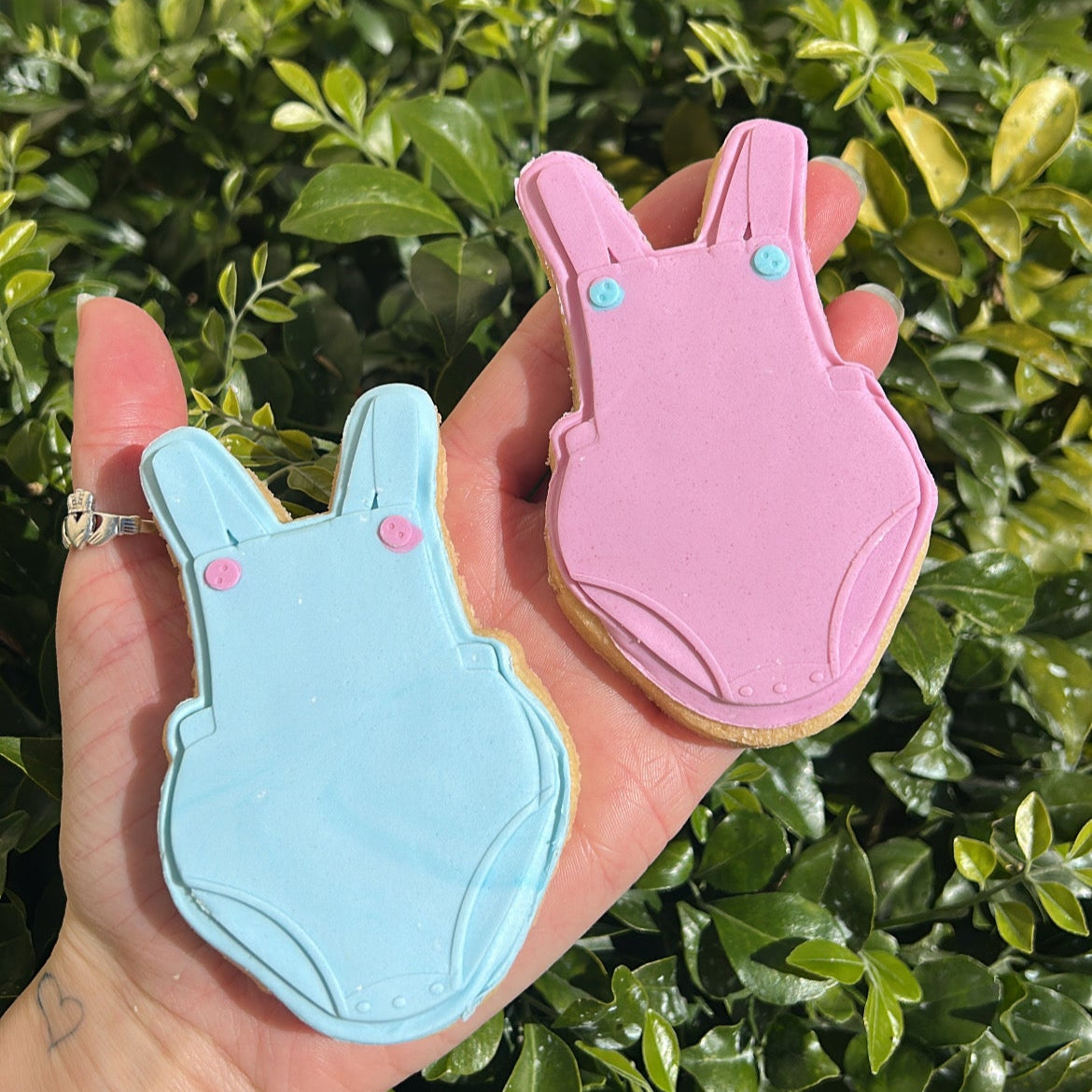 Pink and blue onesie shaped sugar cookies held by a hand against a green leafy background.