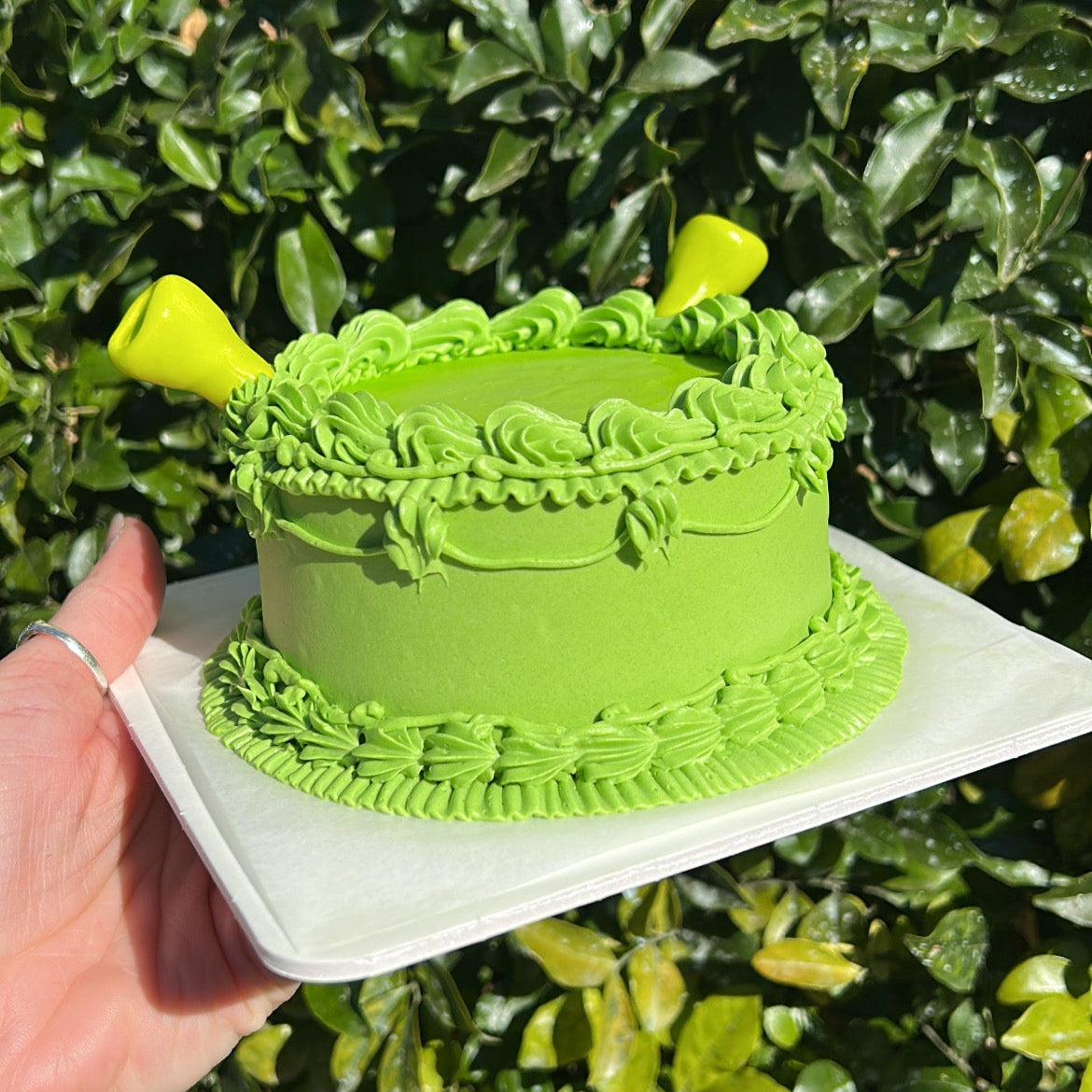 Side of a small, lime green colored, Shrek inspired bento cake decorated with Swiss Meringue Buttercream frosting and topped with fondant Shrek ears, held in front of a leafy green background.