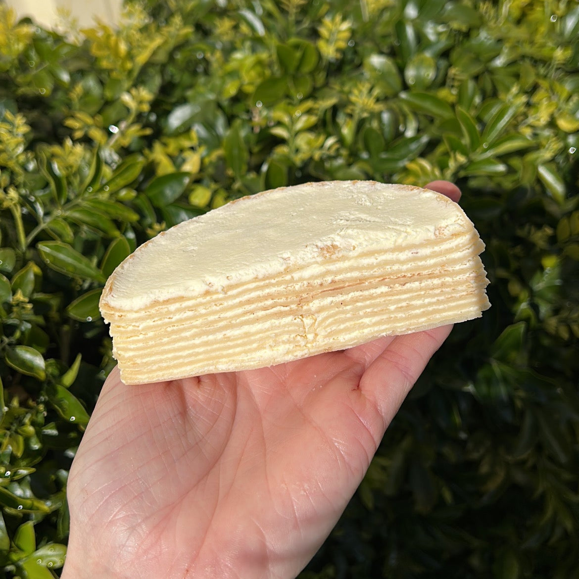 Inside of a layered vanilla crepe cake with cream topping, held on a white cake board against a green leafy background.